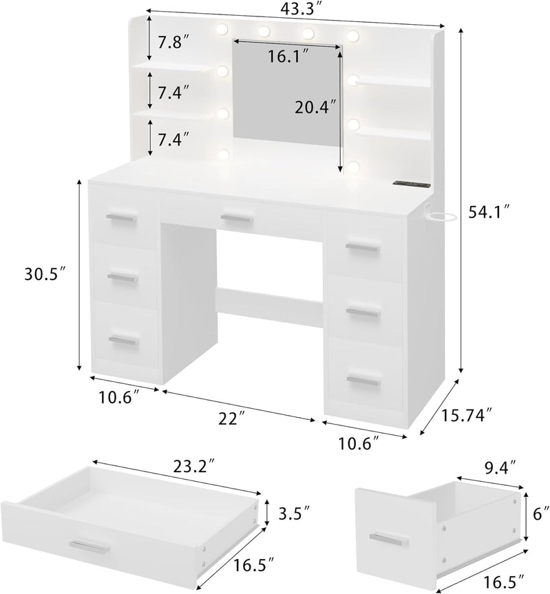 Vanity Desk with Mirror LED Lights and Power Outlet Makeup with 7 Drawers