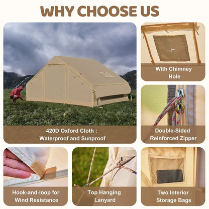 6 Person Inflatable Camping Tent with Pump, 10ft x7ft Glamping Family Tent Easy Setup 4 Season Waterproof Windproof Outdoor Blow Up Tent Luxury Oxford Cabin with Mesh Windows & Doors sgtnighsdesigns