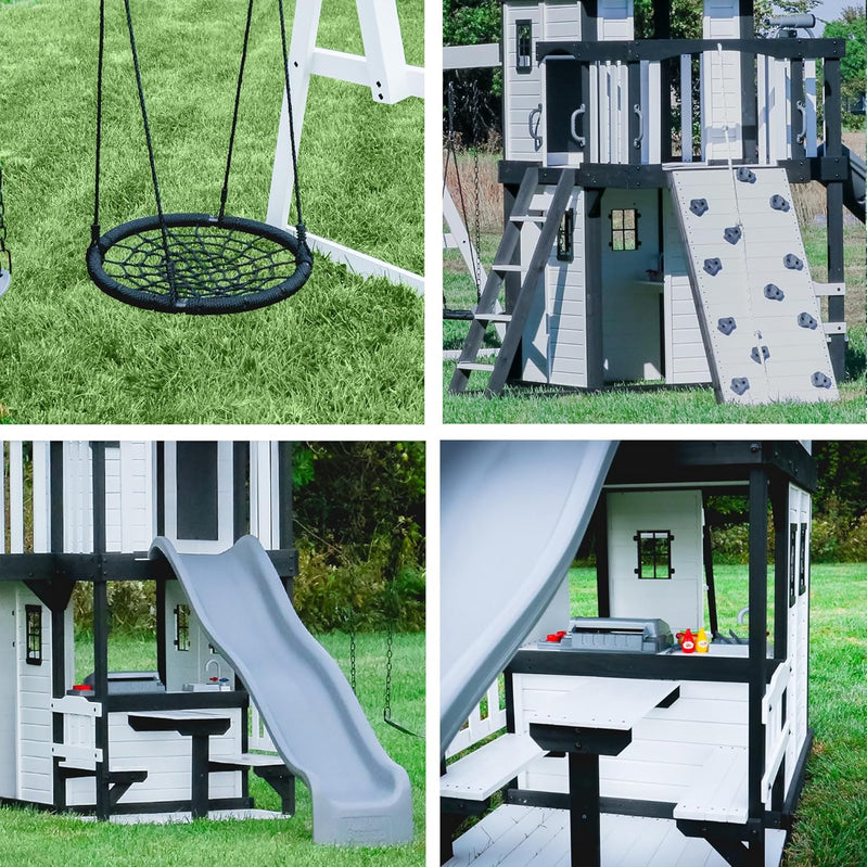 Canyon Creek Cedar Wood Swing Set with Wave Slide, Clubhouse, Play Kitchen, Picnic Area, Belt Swings, Web Swing, Rock Wall, Balconies, Playhouse, Step Ladder, Outdoor Playset