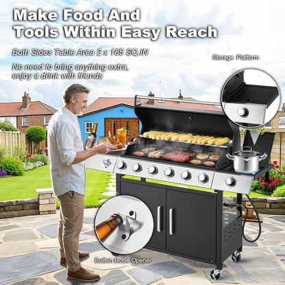 Upgraded 4 Burner BBQ Propane Gas Grill with Cast Iron Grates & Side Stove, 44,000 BTU Stainless Steel Burner Barbecue Grill for Patio, Camping, Outdoor Cooking MELLCOM