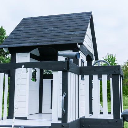 Canyon Creek Cedar Wood Swing Set with Wave Slide, Clubhouse, Play Kitchen, Picnic Area, Belt Swings, Web Swing, Rock Wall, Balconies, Playhouse, Step Ladder, Outdoor Playset