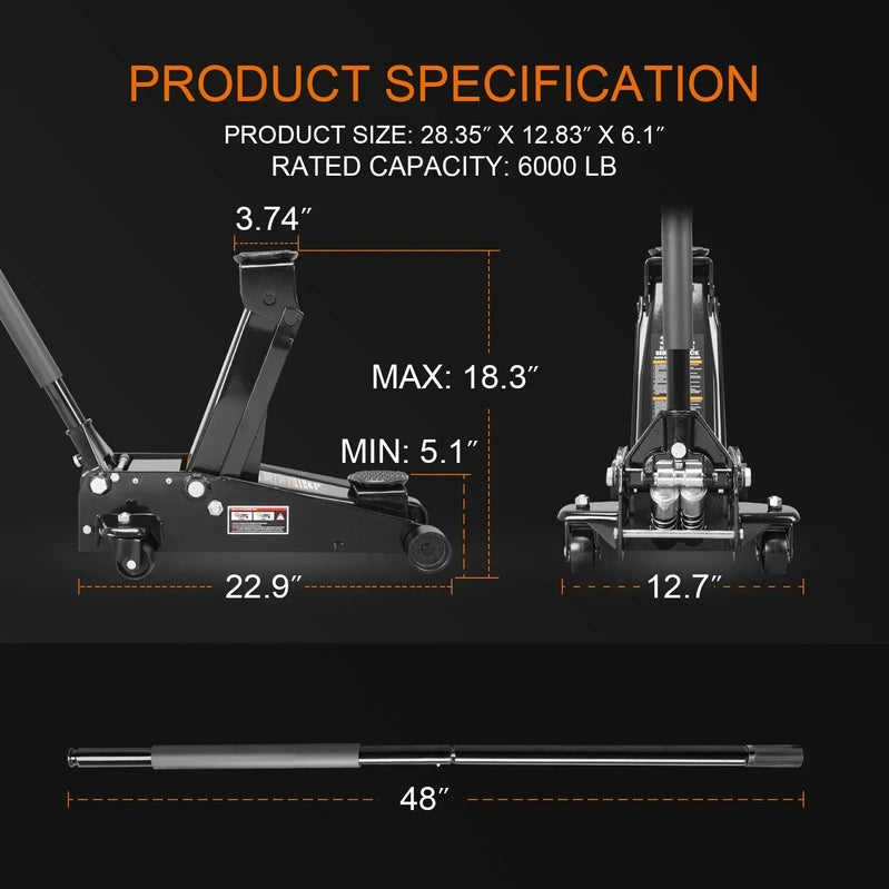 3 Ton Floor Jack Hydraulic Heavy Duty Steel Car Jack with Quick Lift Dual Pump,Black,W8303-B