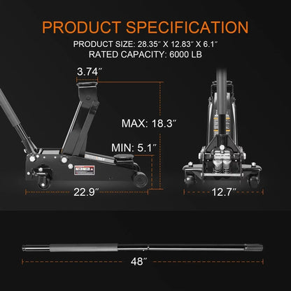 3 Ton Floor Jack Hydraulic Heavy Duty Steel Car Jack with Quick Lift Dual Pump,Black,W8303-B