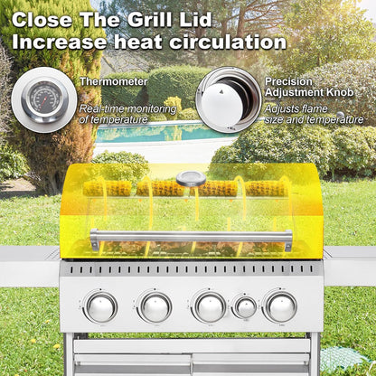 Upgraded 4 Burner BBQ Propane Gas Grill with Cast Iron Grates & Side Stove, 44,000 BTU Stainless Steel Burner Barbecue Grill for Patio, Camping, Outdoor Cooking MELLCOM