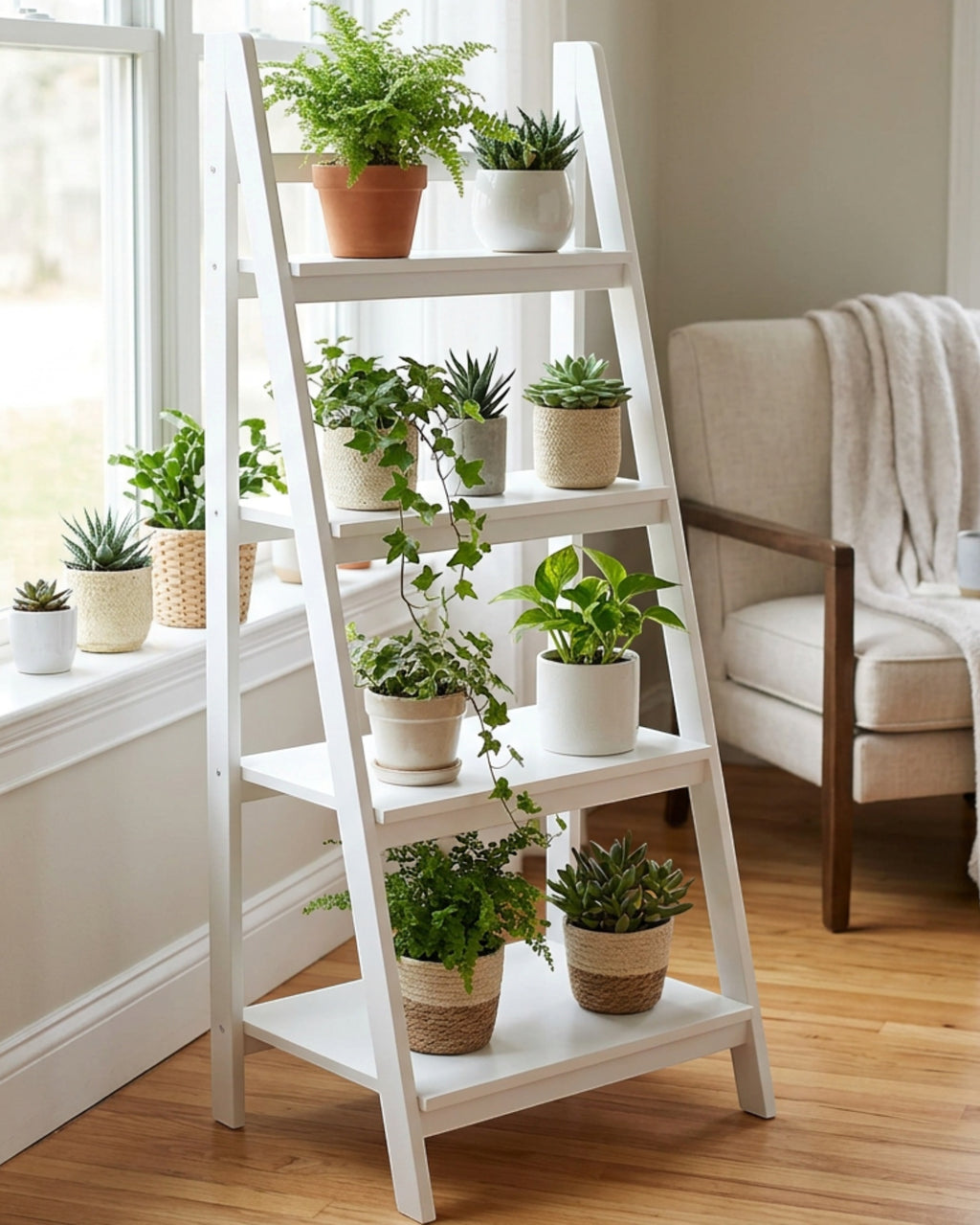 Zgkmy Ladder Wooden Plant Stand White 5 Tier