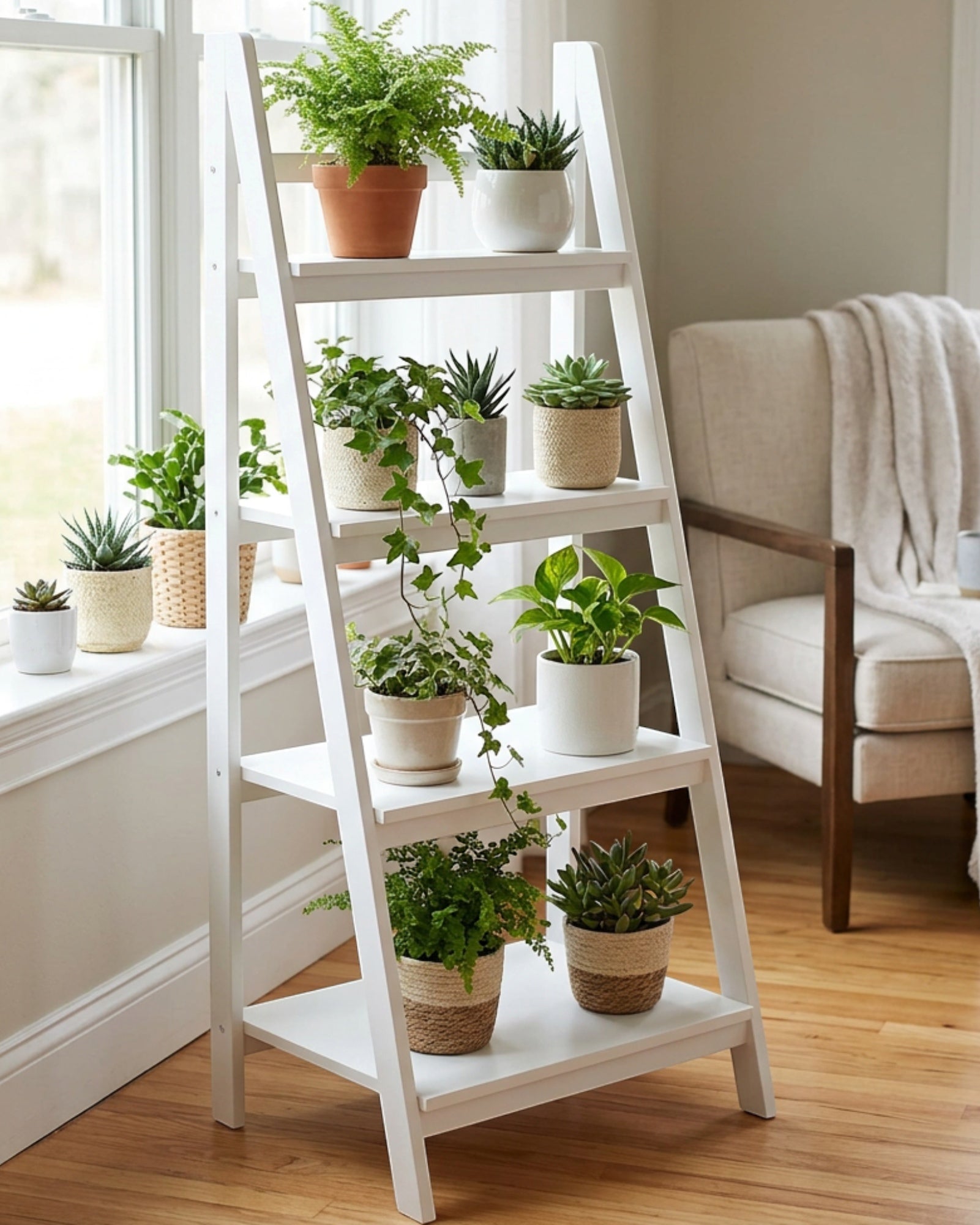 Zgkmy Ladder Wooden Plant Stand White 5 Tier
